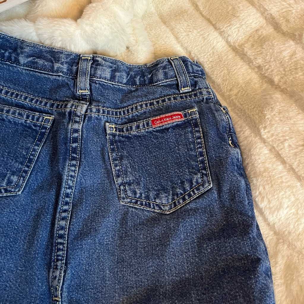 Y2k Calvin Klein Girl 2t Classic Blue Jean Denim Slit Skirt Double Stone Wash